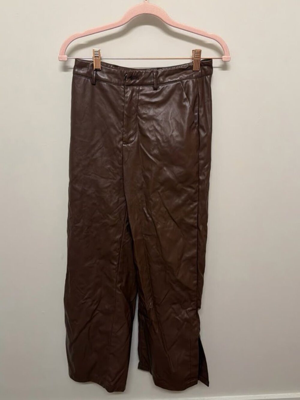 Chocolate Brown Faux-Leather Straight-Leg Pants